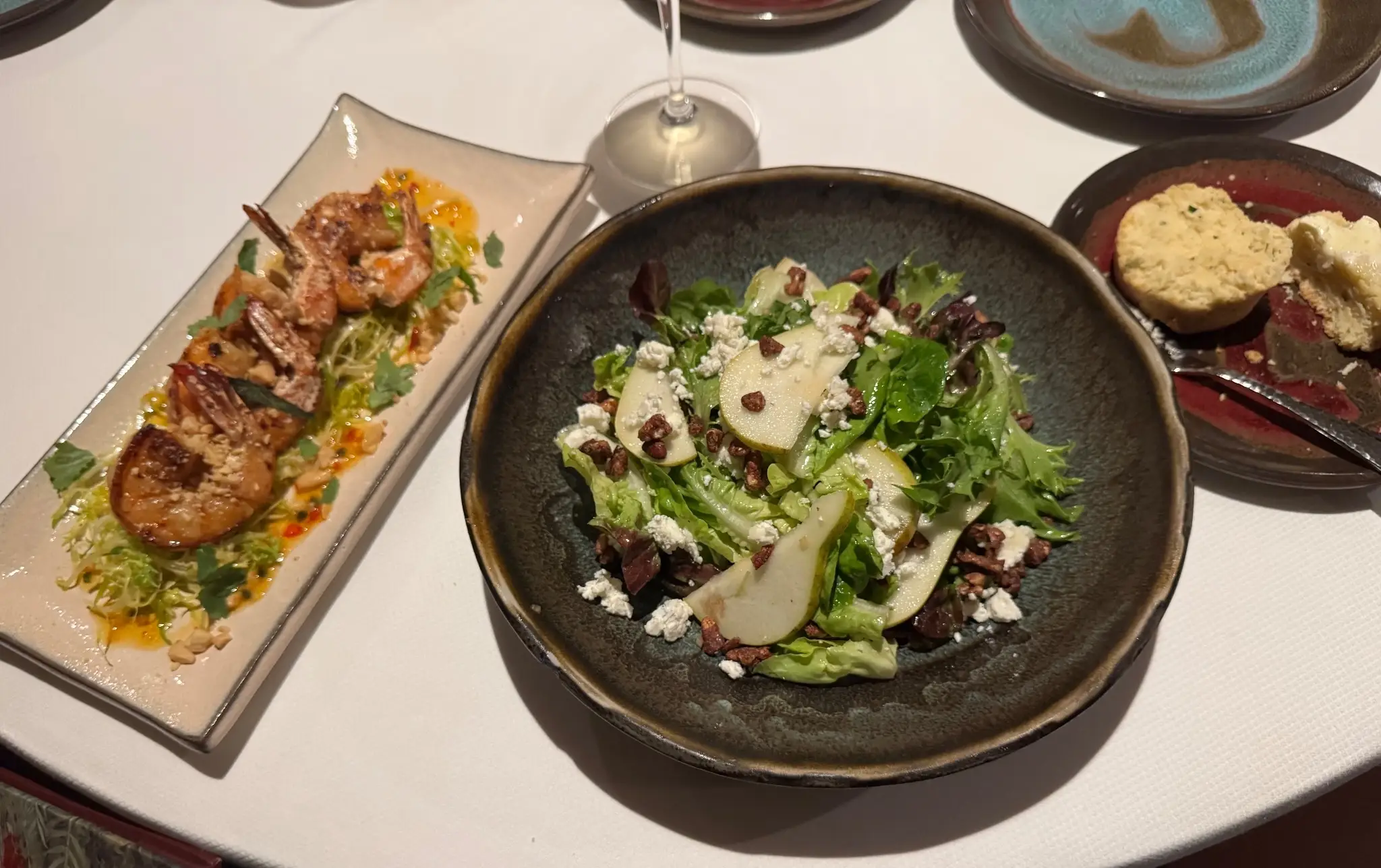 Pear salad and Aleppo shrimp appetizers