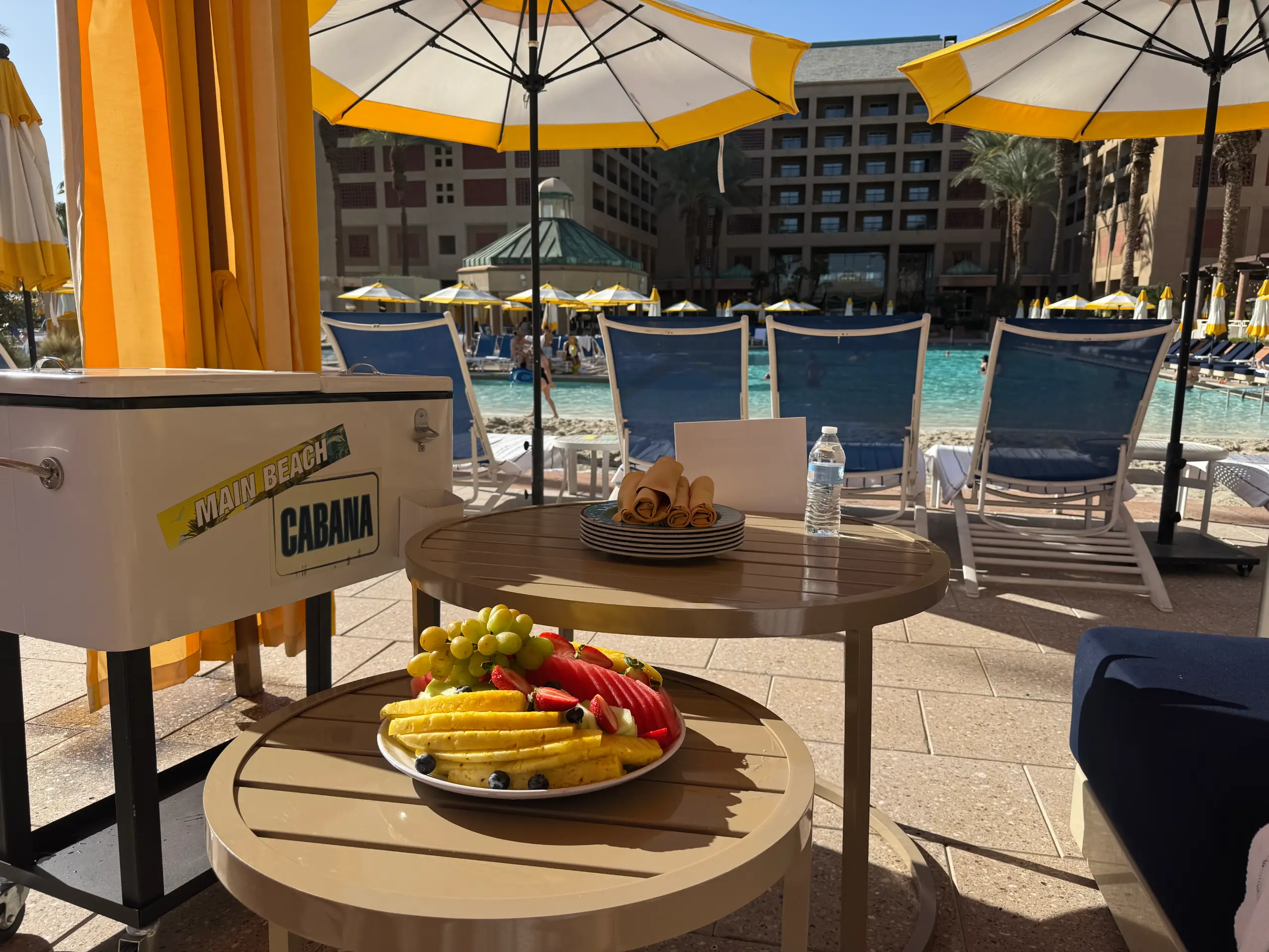 View from the private cabana with cooler and fruit platter
