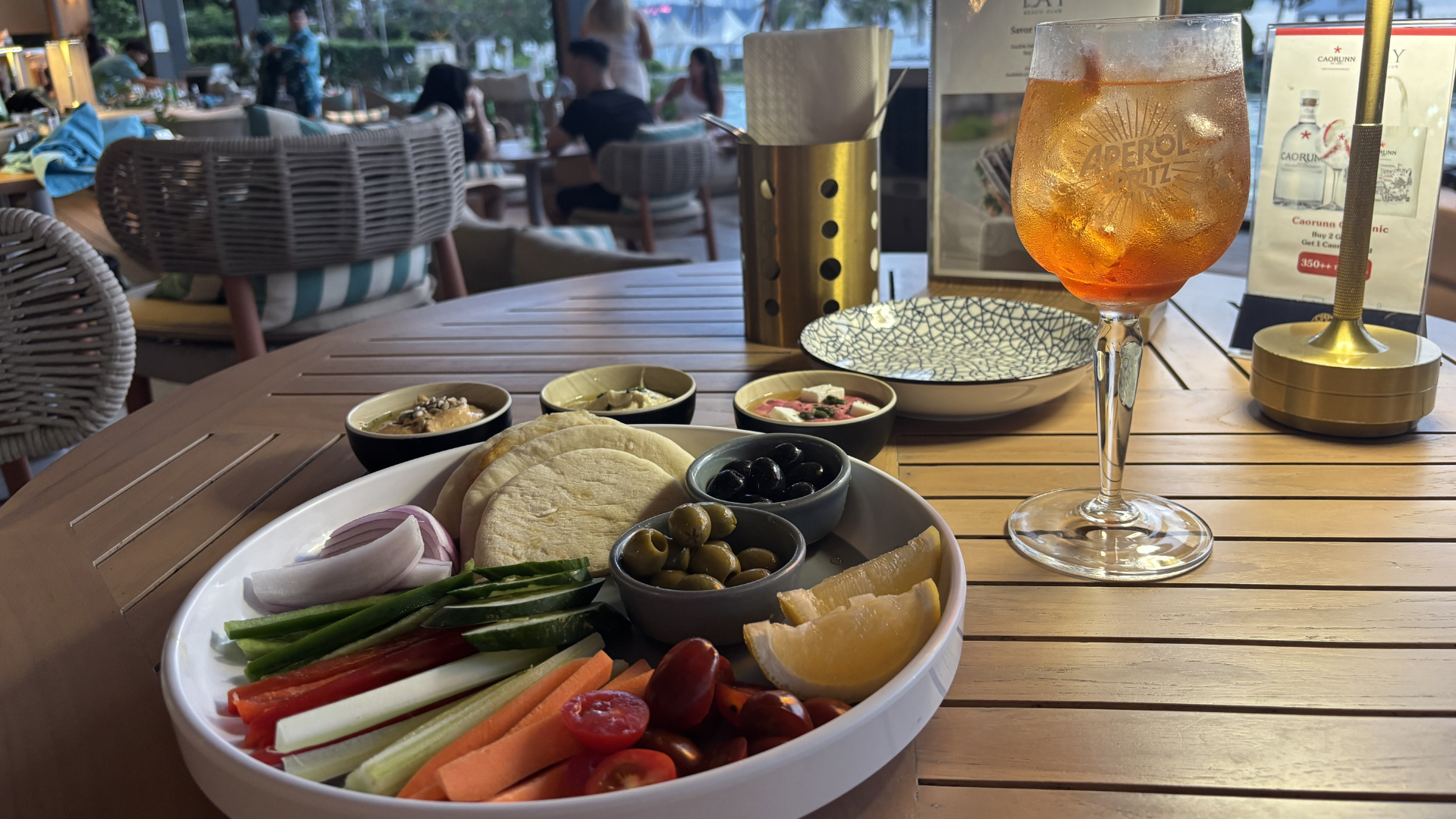 Hummus trio and Aperol Spritz at Lay Beach Club