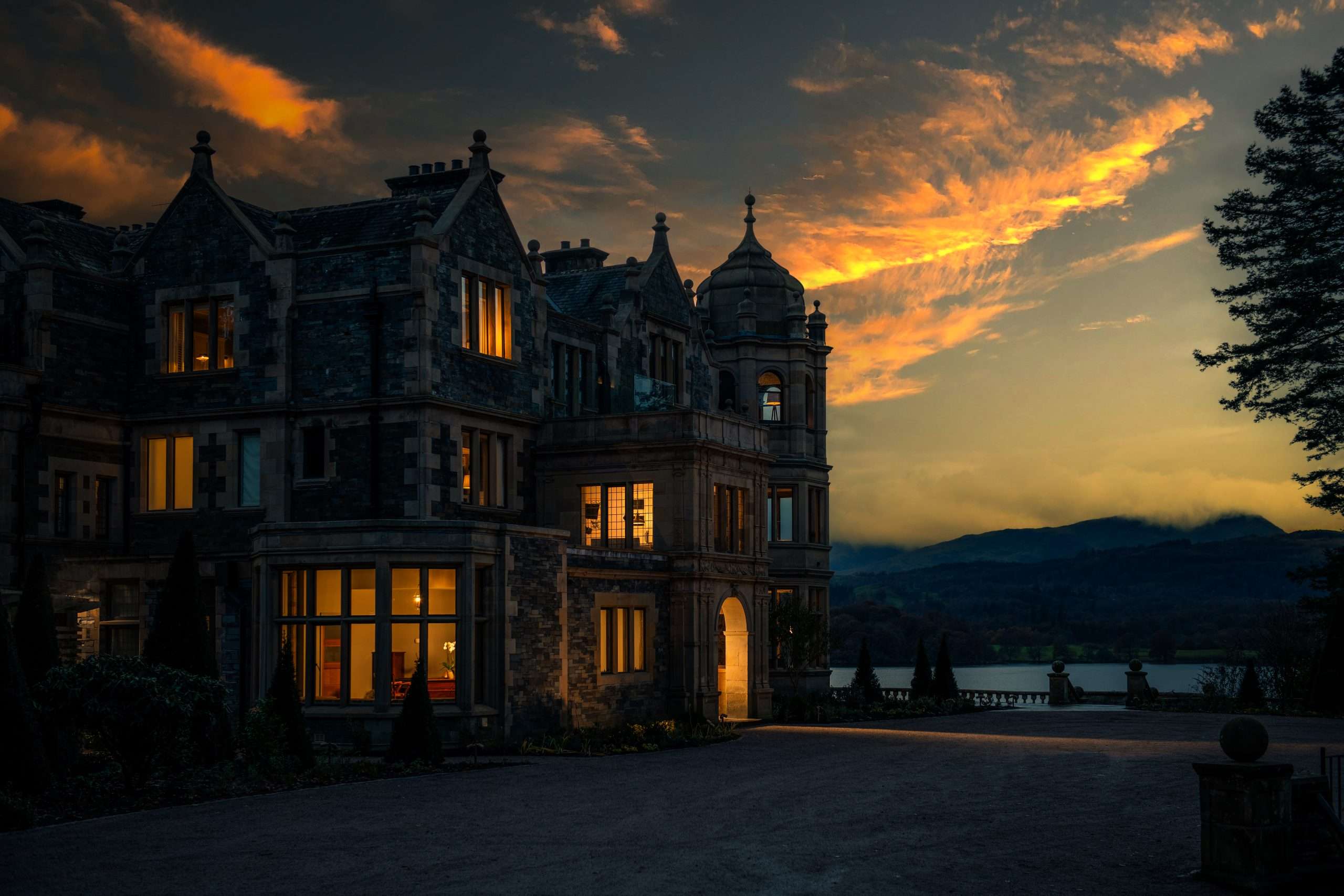 Langdale Chase exterior at sunset.