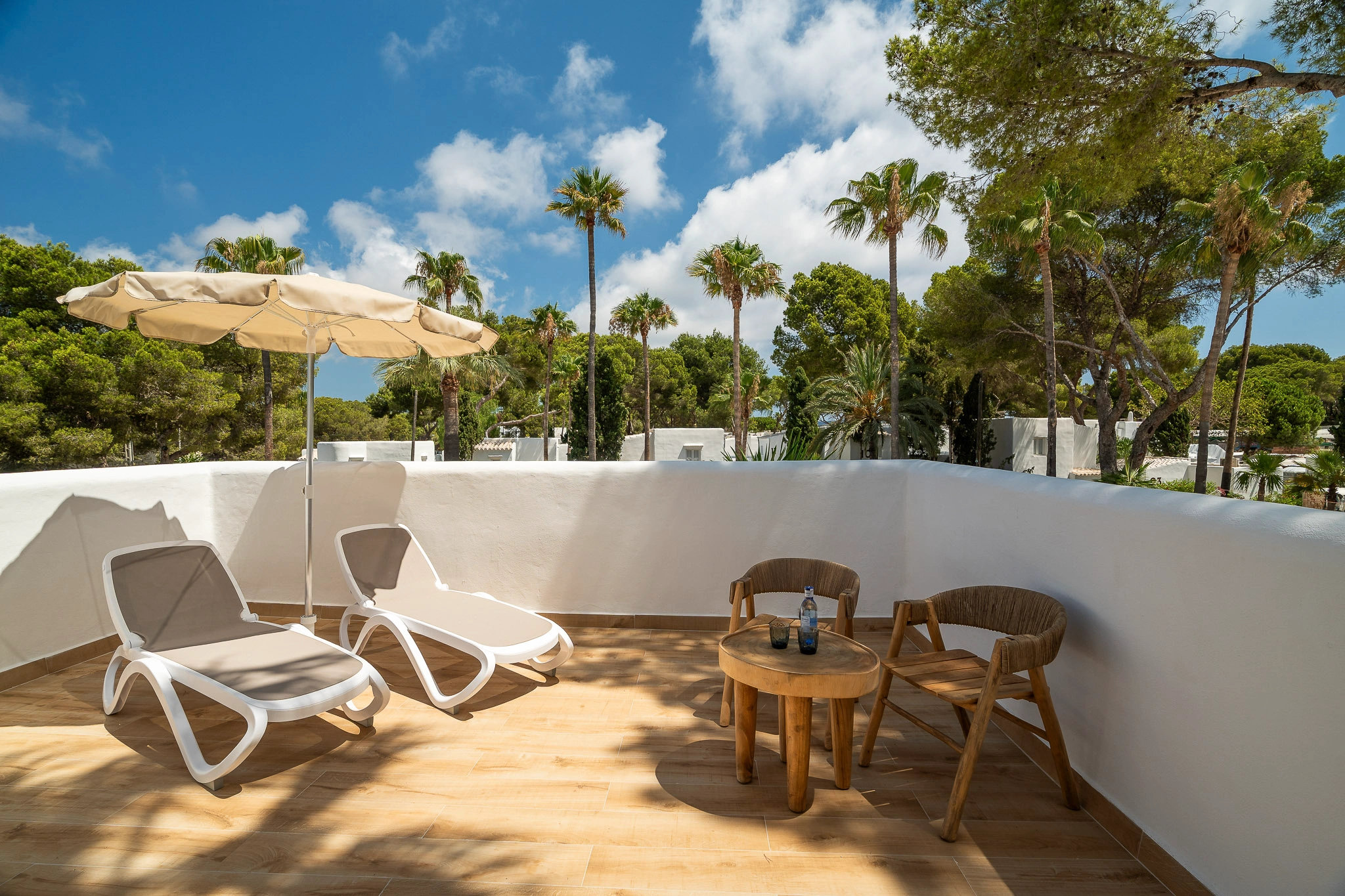 Terrace from room at Fergus Style Punta Arabi hotel in Es Canar, Ibiza