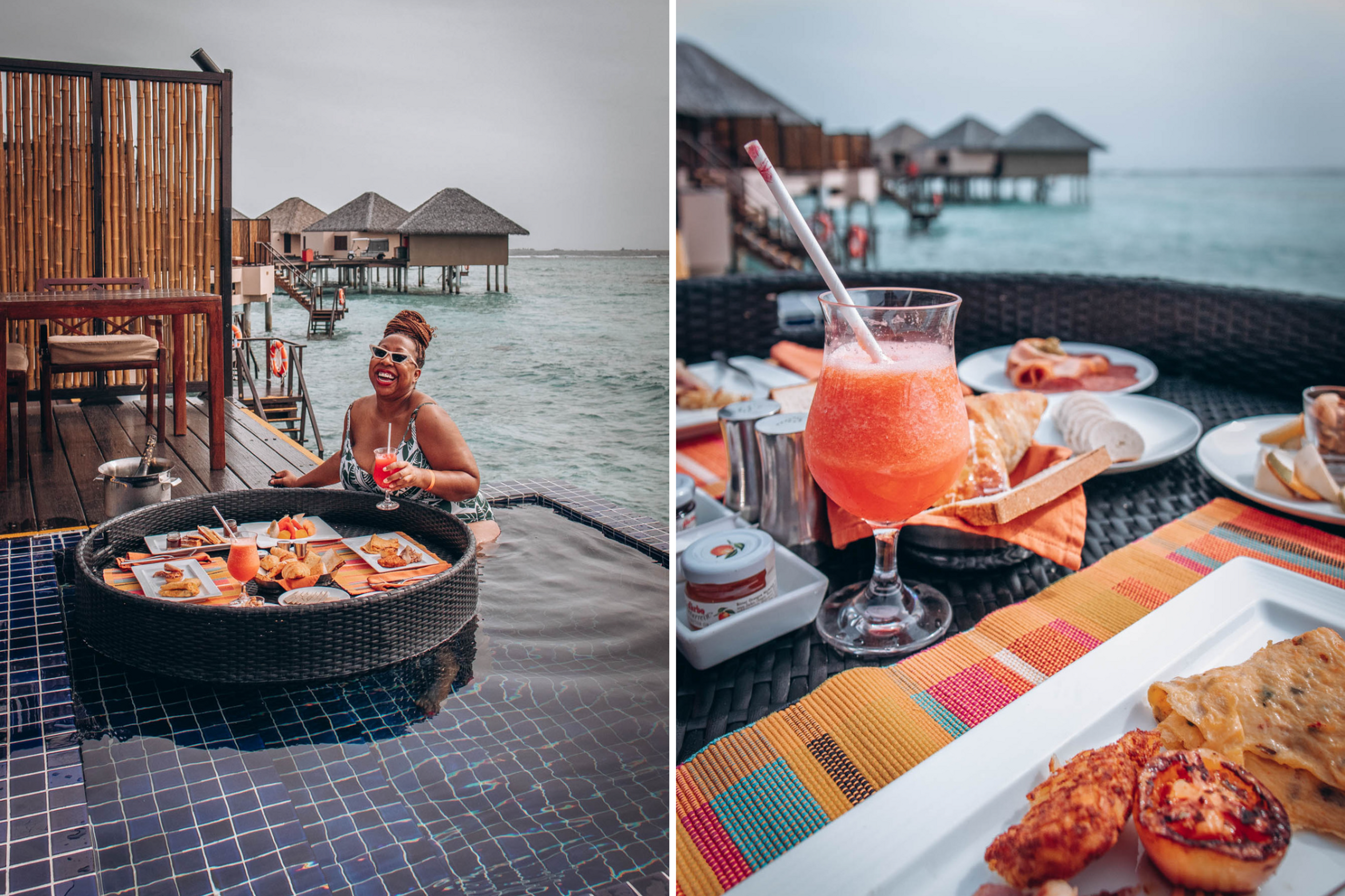 Floating breakfast in overwater villa with lagoon views